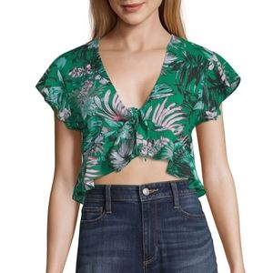 Unionbay V Neck Short Sleeve Crop Green Floral Top Junior Medium